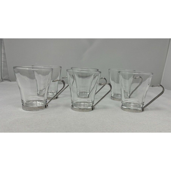 6 Vintage BORMIOLI VITROSAX ITALY Cappuccino Glass Mugs with Stainless Handles - Picture 2 of 6